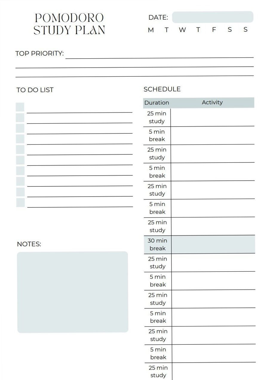 Blue Pomodoro Study Plan for Focused Learning — 👰 🍰 romanticize your routine