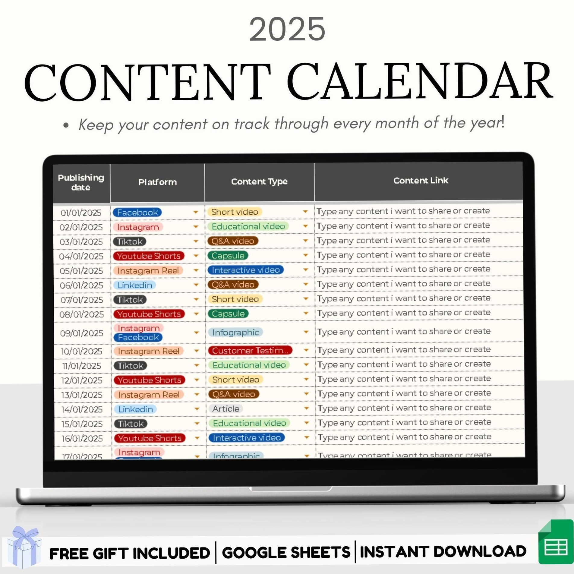 🎨 📍 dream life manifestation: 2025 Social Media Content Calendar Template Google Sheets