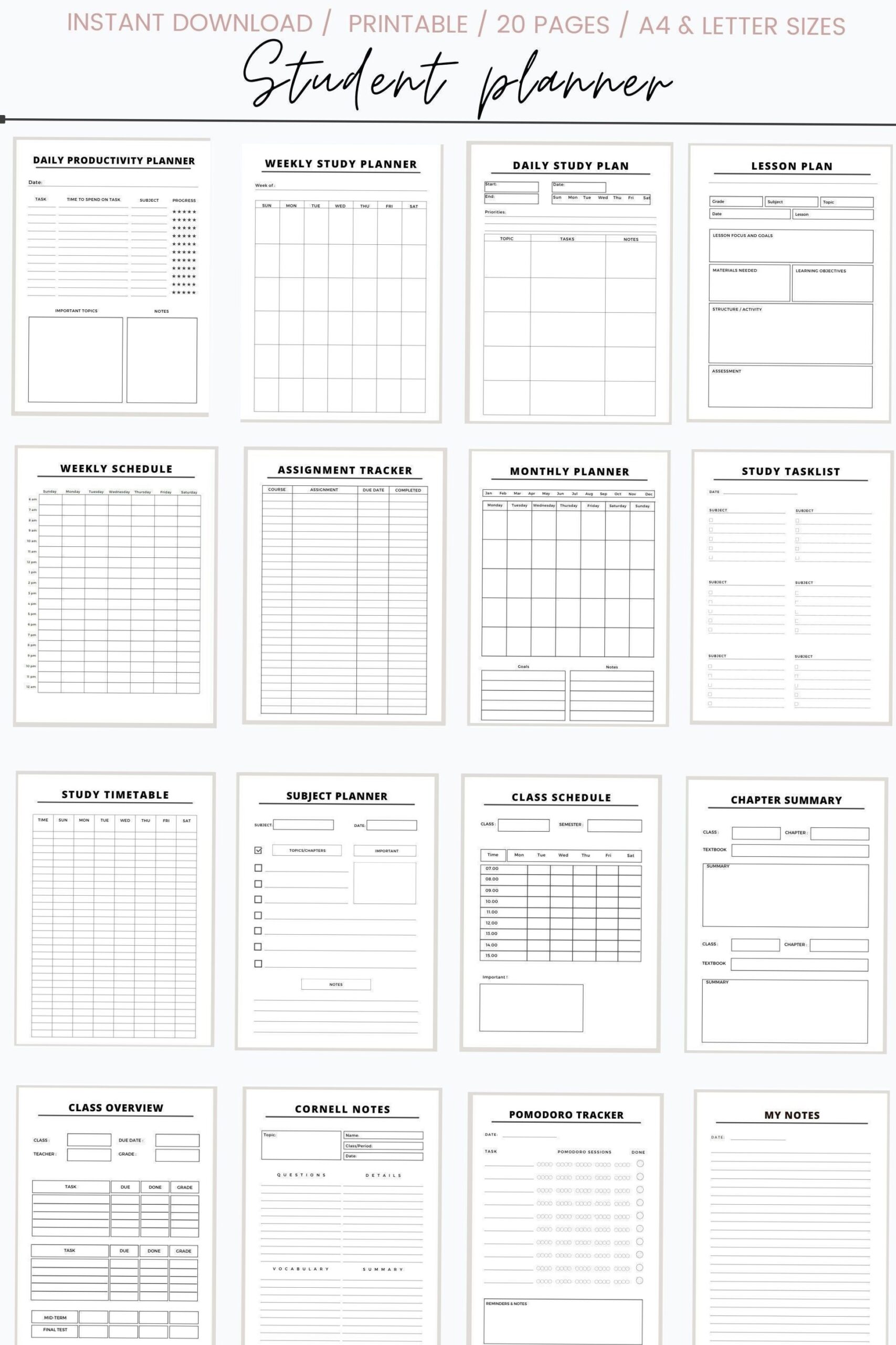 🌸 🥂 Free & Printable Digital Student Planner Template | romanticize your routine