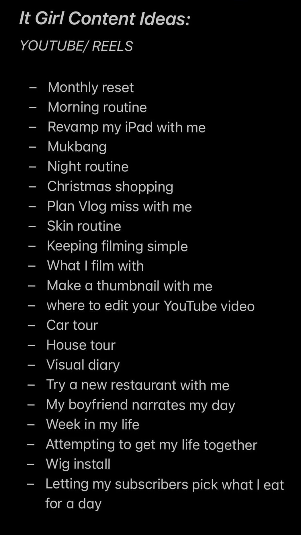 It Girl Content Ideas for YouTube & Instagram Reels Planner Notepad — 🤍 🕯️ dream life manifestation