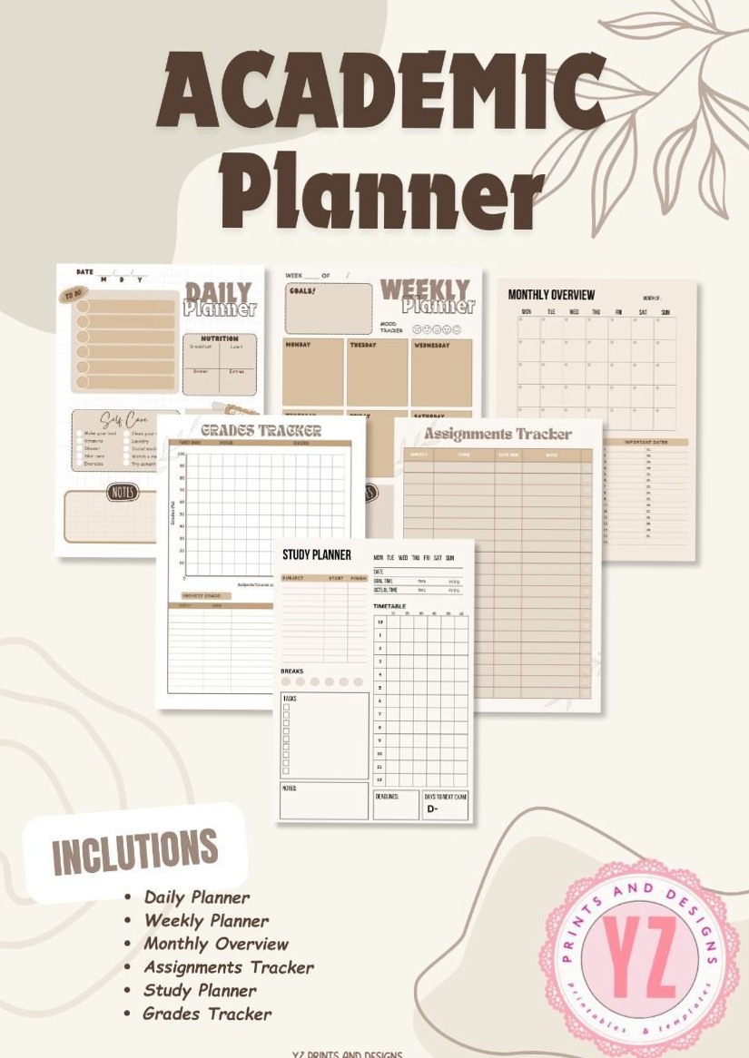 💌 🥂 no-stress tracker: Academic Year Planner Printables & Study Trackers