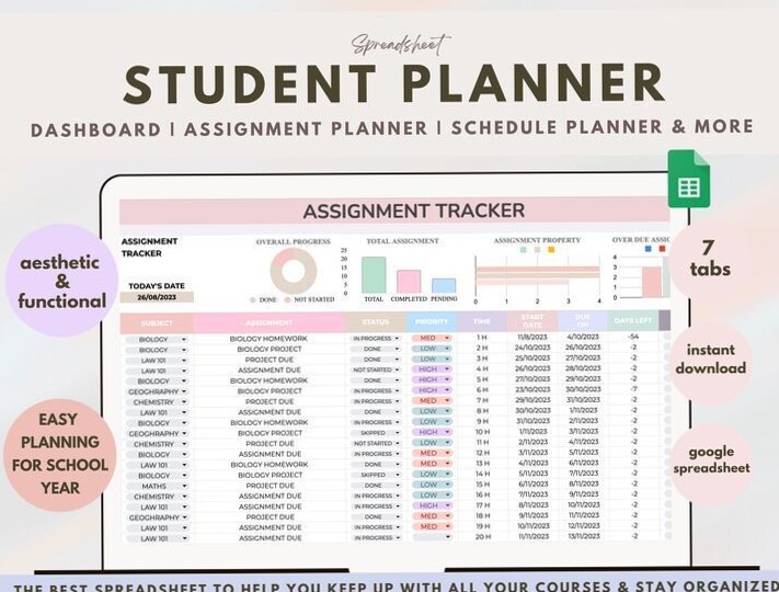 📍 🎨 no-stress tracker: Assignment Tracker: Excel & Google Sheets Study Planner