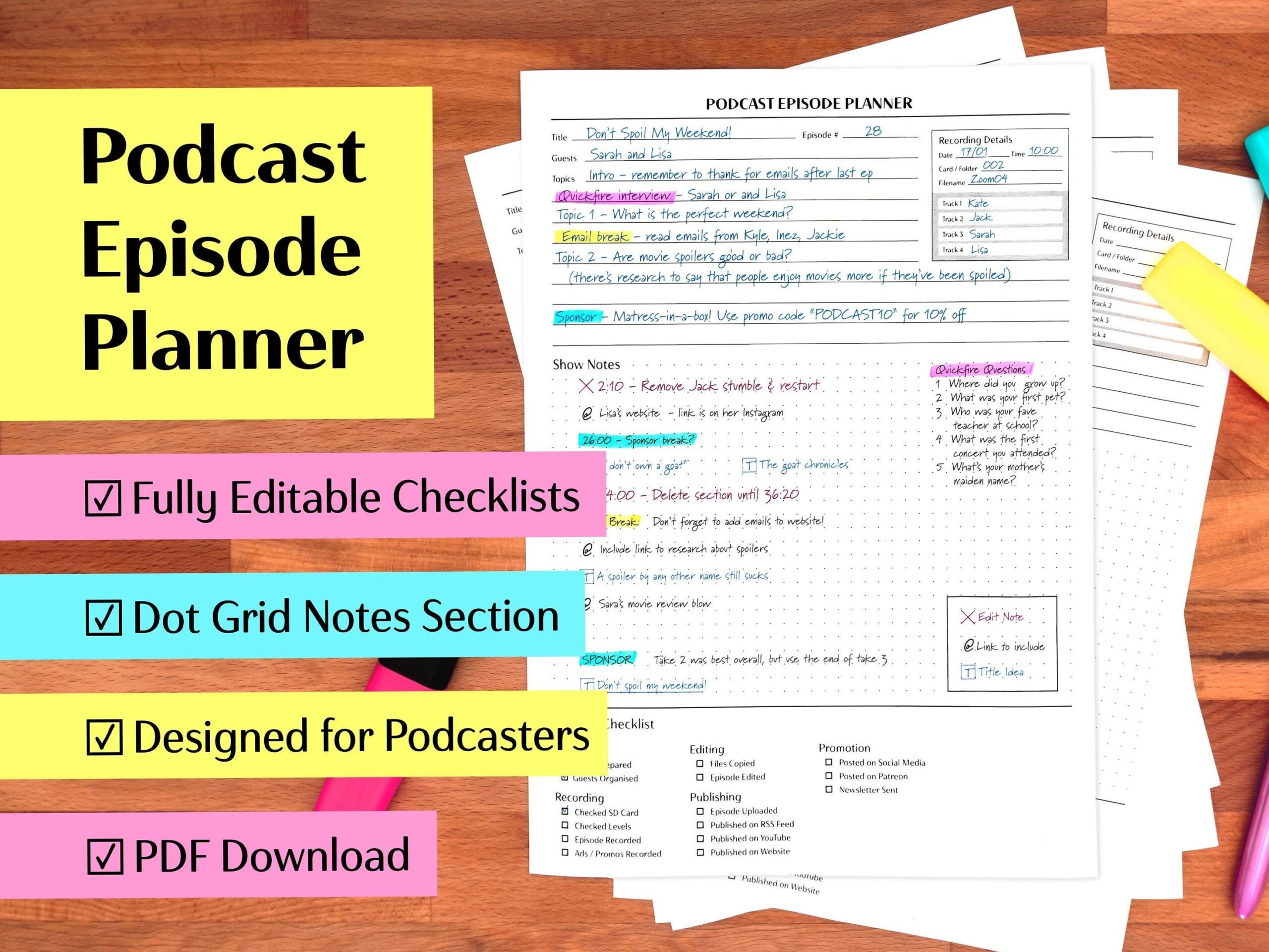 💍 👰 no-stress tracker: Custom Podcast Episode Planner Checklist Template PDF