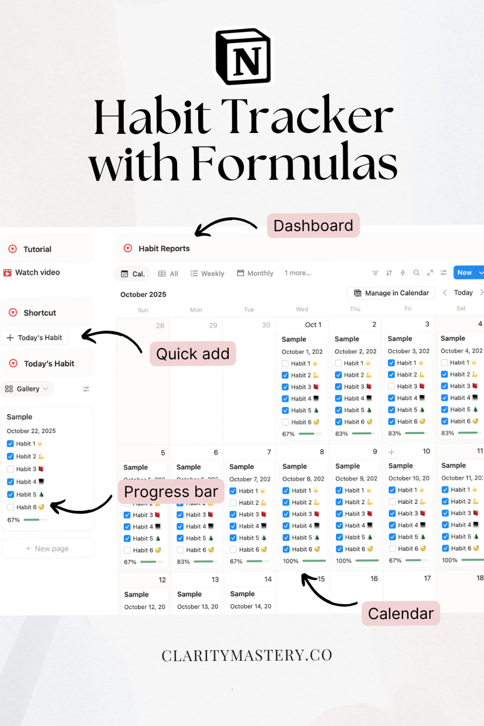 Notion Habit Tracker with Progress Bar Formulas — 🌿 🕯️ seamless organization hack