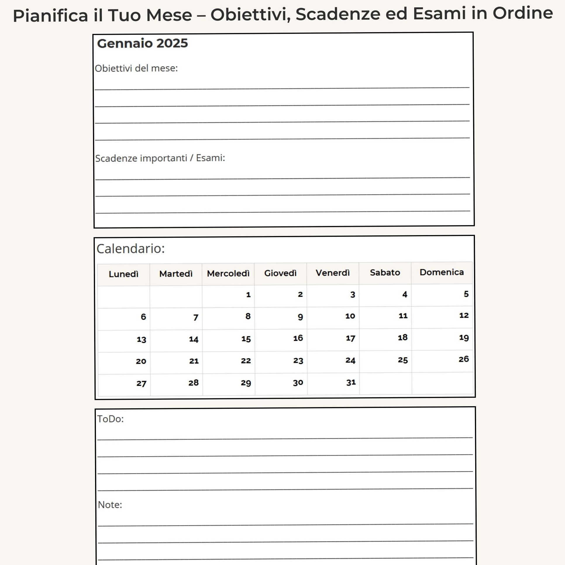 Planner Mensile Universitario 2025 — Obiettivi, Esami e Calendario (PDF A4) — 📊 📅 stay inspired all year long