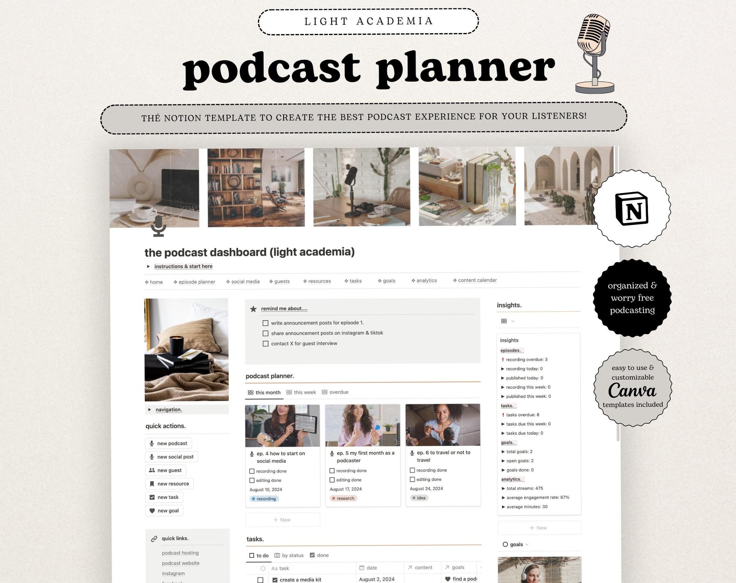 📍 🪄 Podcast Planner Notion Template | Light Academia Tracker & Content Calendar | no-stress tracker