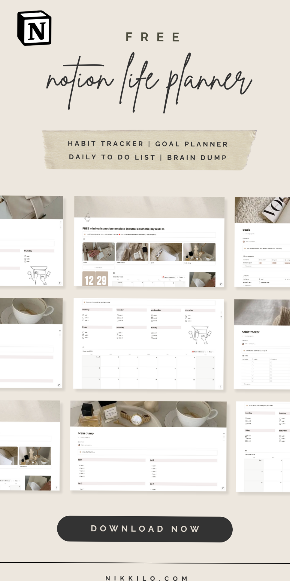 🎀 🕯️ pro digital dashboard: FREE Notion Life Planner | Neutral Minimal Design