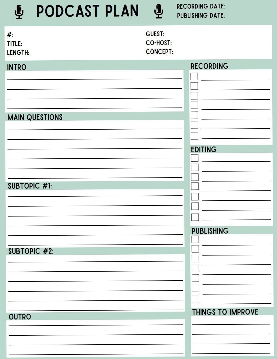 📝 🖇️ romanticize your routine: Green Podcast Planner + Media Release (PDF)