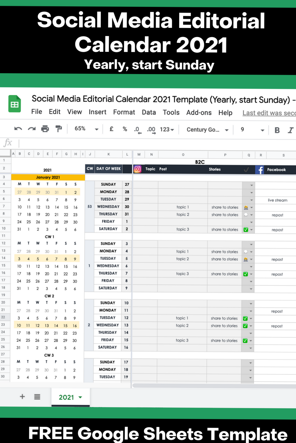 Social Media Editorial Calendar 2021 Google Sheets Template — 📅 📌 dream life manifestation