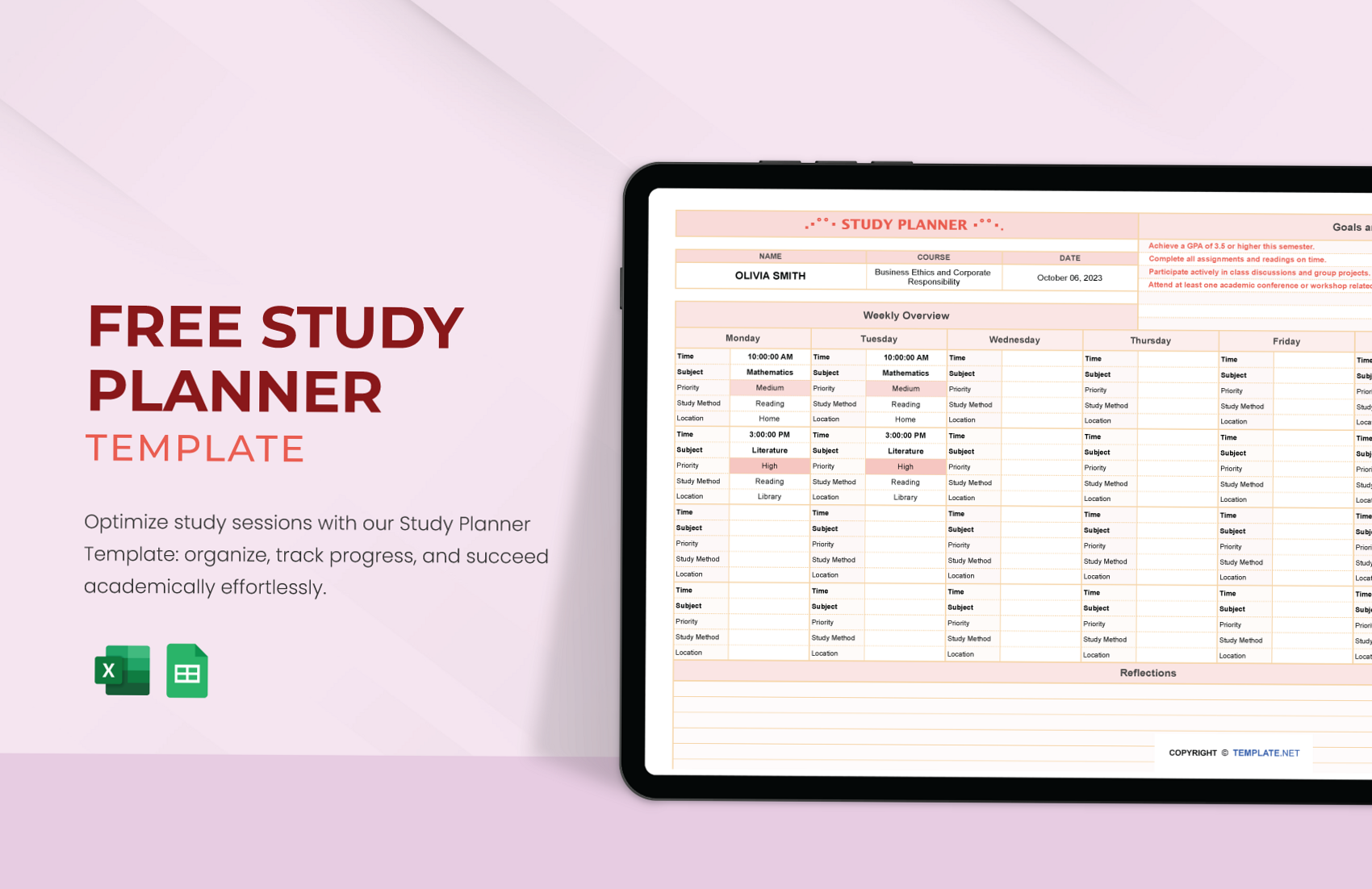 🥂 🍰 Study Planner Template in Excel & Google Sheets | Template.net | romanticize your routine
