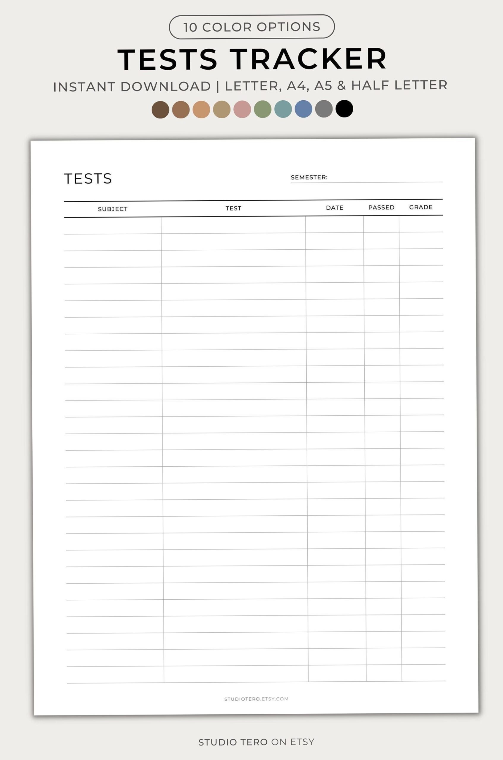 📅 📌 Tests Tracker | Minimal Printable Study Planner Sheets | ultimate printable checklist